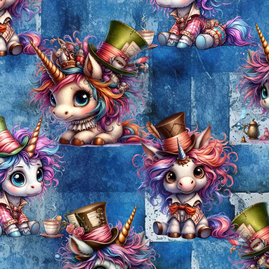 patern of Unicorn print leggings featuring quirky, colourful unicorns with tea cups, checkerboards and wild patterns inspired by Alice in Wonderland.