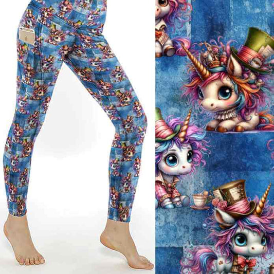 stock image of Unicorn print leggings featuring quirky, colourful unicorns with tea cups, checkerboards and wild patterns inspired by Alice in Wonderland.