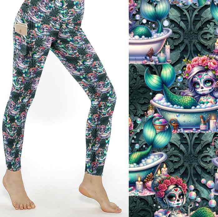 A pair of leggings featuring a whimsical design with mermaids, sea creatures, and Day of the Dead-inspired makeup and garlands.