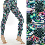 A pair of leggings featuring a whimsical design with mermaids, sea creatures, and Day of the Dead-inspired makeup and garlands.
