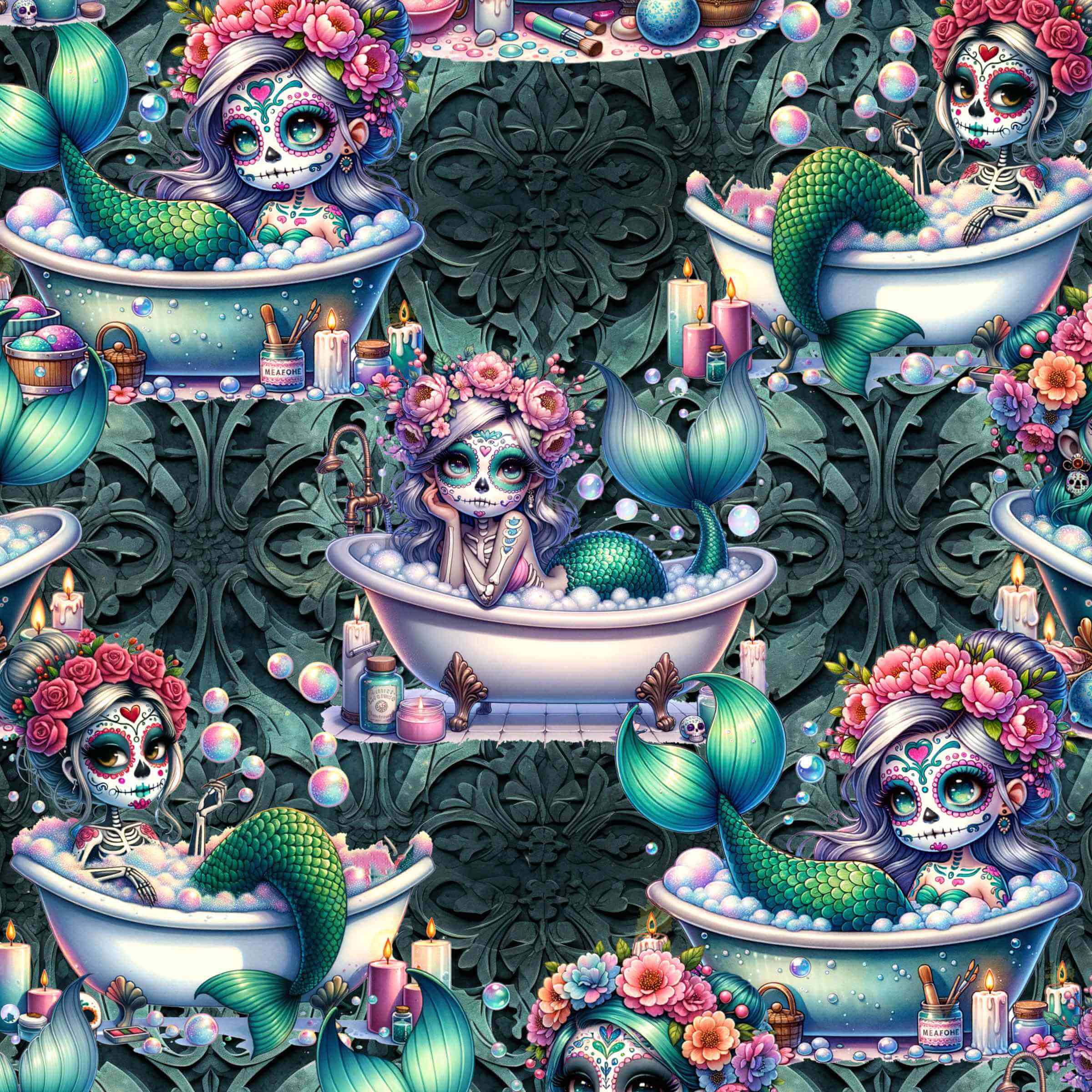 pattern featuring a whimsical design with mermaids, sea creatures, and Day of the Dead-inspired makeup and garlands.