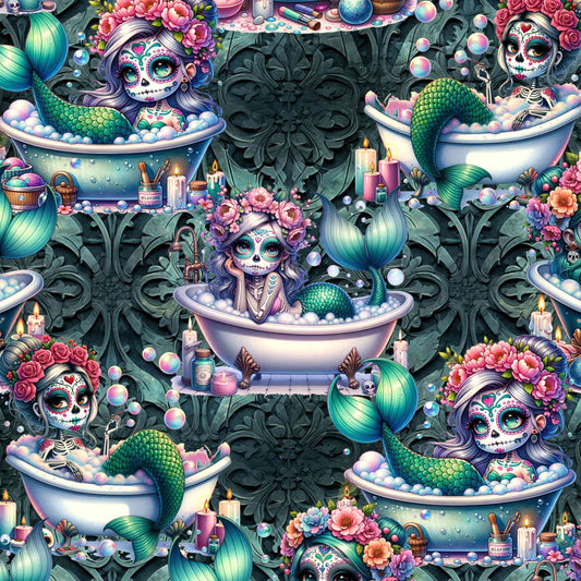 pattern featuring a whimsical design with mermaids, sea creatures, and Day of the Dead-inspired makeup and garlands.