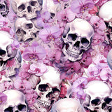 pattern of mock up of Gothic floral leggings with vintage skulls and pale pink and mauve flowers on a faded, distressed background.