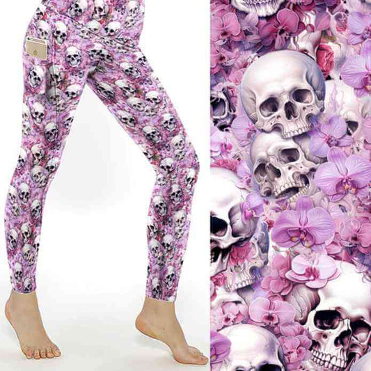 mock up of Gothic floral leggings with vintage skulls and pale pink and mauve flowers on a faded, distressed background.