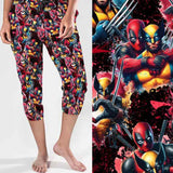 Capri joggers with a superhero pattern in red and yellow, featuring playful poses; close-up on the right
