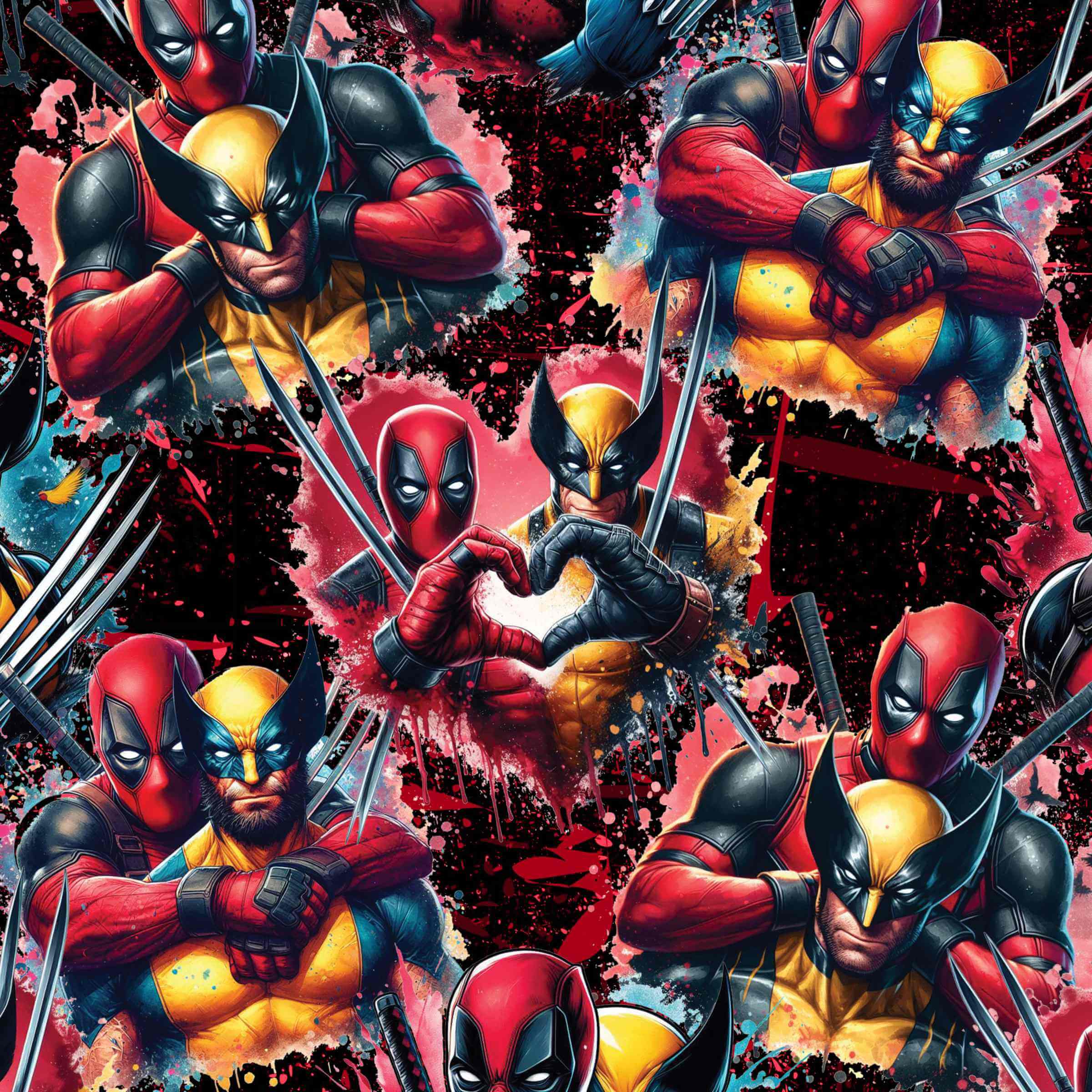 pattern resembling Deadpool and Wolverine in various playful poses