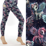 Leggings featuring zombie pegasus ponies in pink and teal against a dark starry background in My Little Apocalypse - Zombie Pegasus Leggings by Nikki Whoops Boutique.
