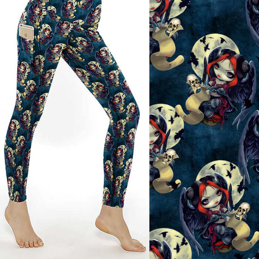 mockup of leggings in once upon a midnight dreary whimsical fairies featuring skulls and a full moon on a navy background