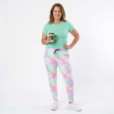Wearing rainbow-colored leopard print jogger pants