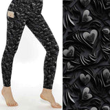 mockup of Heart print leggings featuring sketchy, torn-paper-style hearts in soft pinks and greys with a grungy distressed finish.