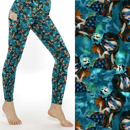 A pair of leggings featuring a whimsical pattern with fairies and bats against a starry night background, adorned with a floral pattern on the pockets.