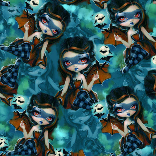 pattern featuring a whimsical pattern with fairies and bats against a starry night background, adorned with a floral pattern on the pockets.