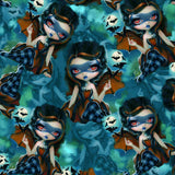 pattern featuring a whimsical pattern with fairies and bats against a starry night background, adorned with a floral pattern on the pockets.