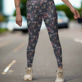 girl on a road wearing punk unicorns on a navy harlequin background leggings