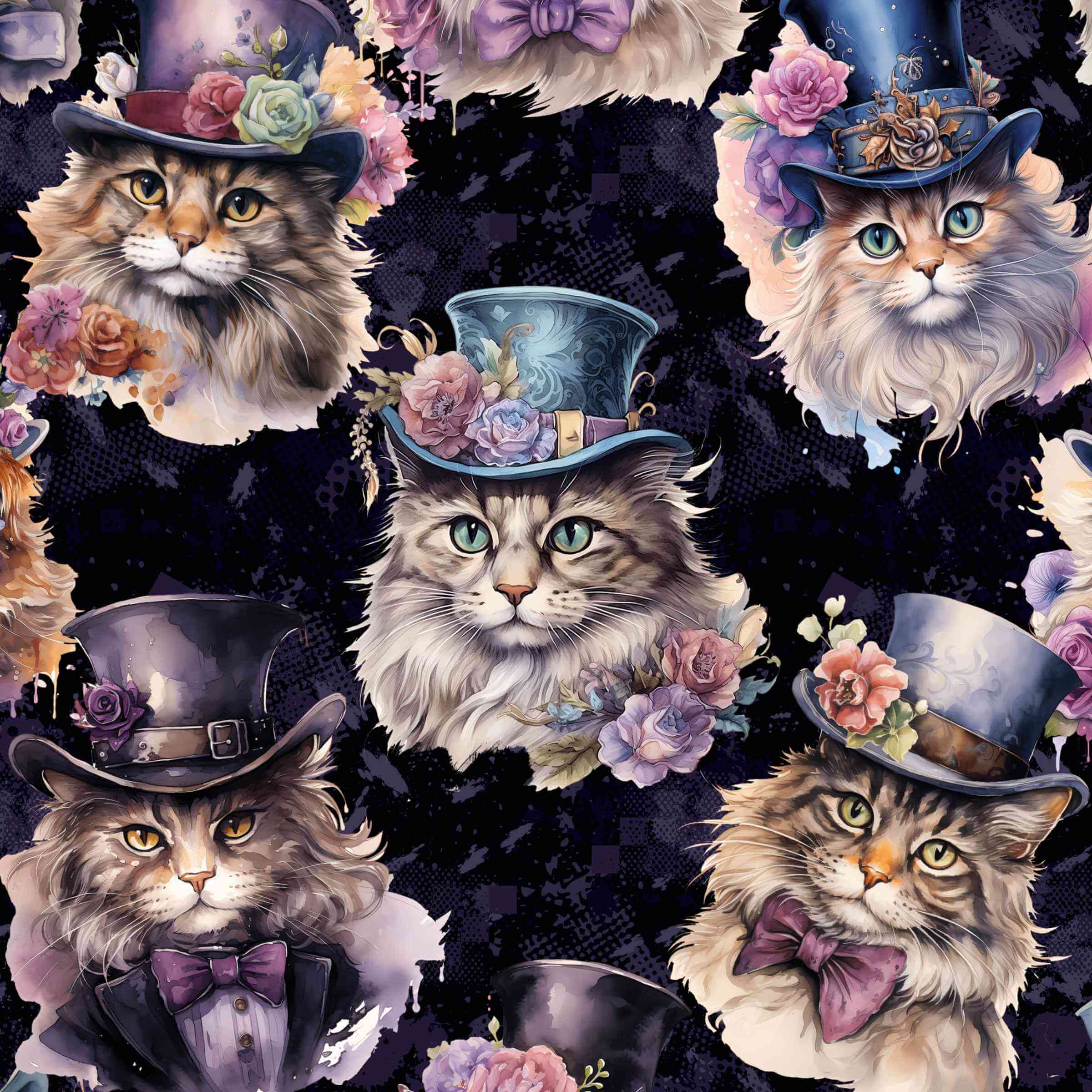 pattern featuring a whimsical Victorian-inspired cat print, with a wide waistband and deep side pockets.