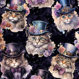 pattern featuring a whimsical Victorian-inspired cat print, with a wide waistband and deep side pockets.