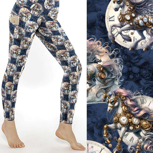 Steampunk unicorn leggings with clocks and fantasy artwork