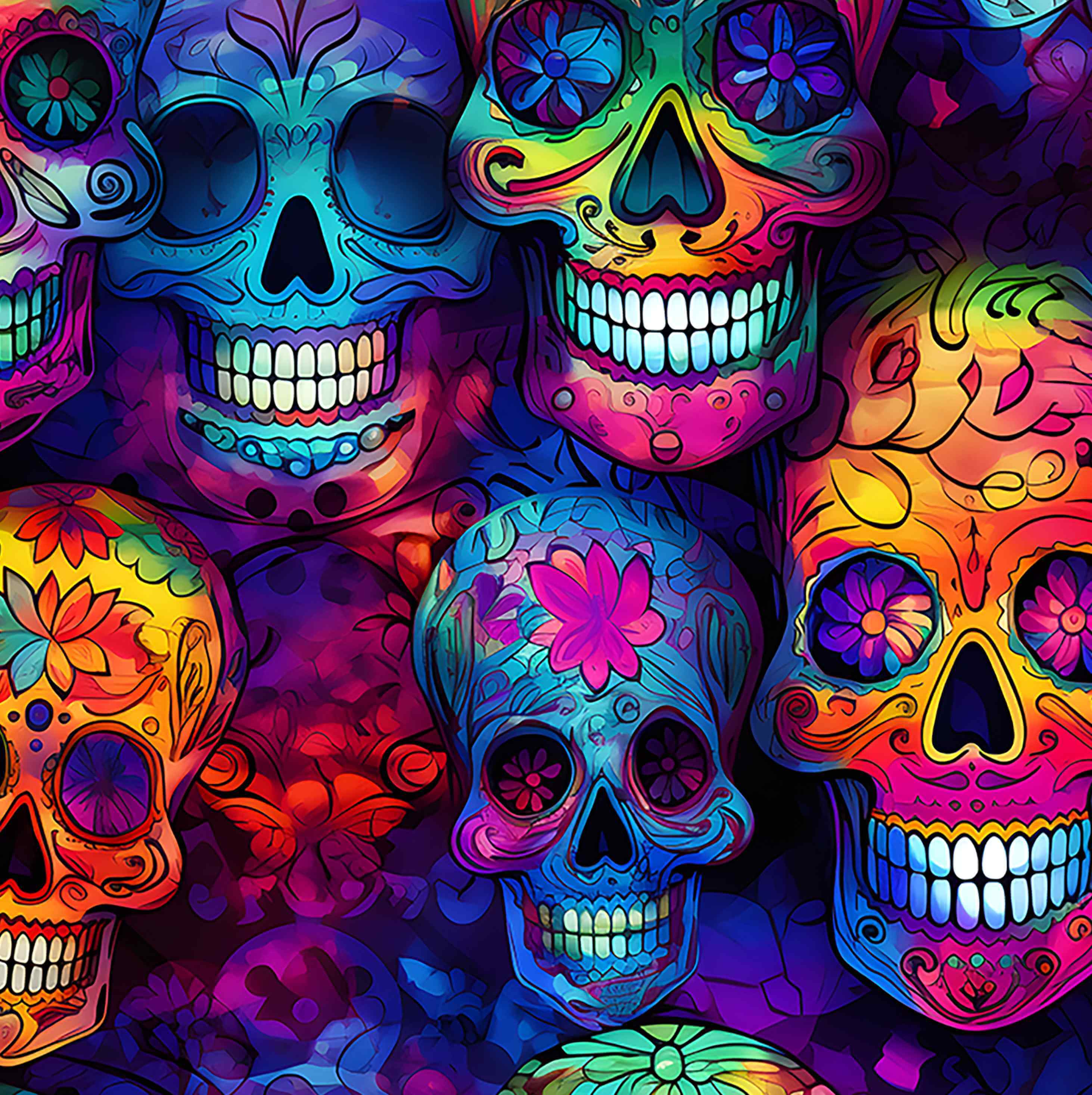 Colorful rainbow remains skull designs with floral patterns on a dark background