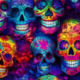 Colorful rainbow remains skull designs with floral patterns on a dark background