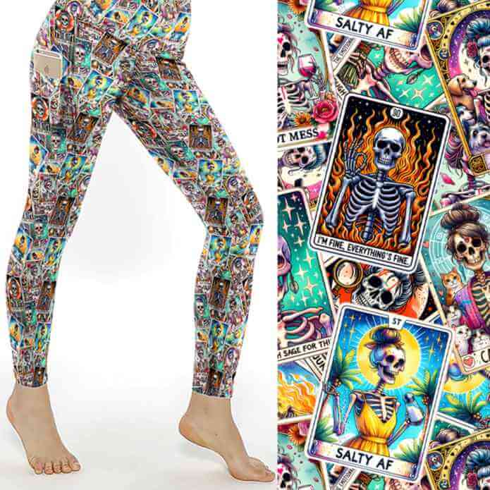 mock up of Tarot card skull leggings with stacks of books, handwritten notes and reading accessories on a grungy illustrated background.