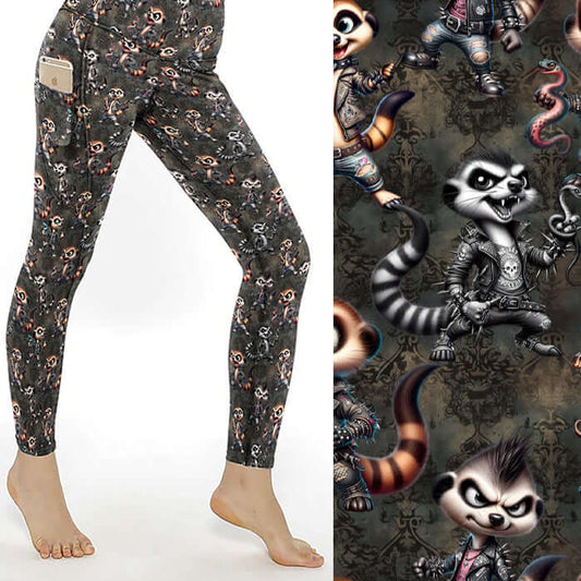 A pair of colorful leggings featuring a pattern with cartoon-style meerkats in punk fashion, including skulls and mohawks, displayed alongside a side pocket with a phone.