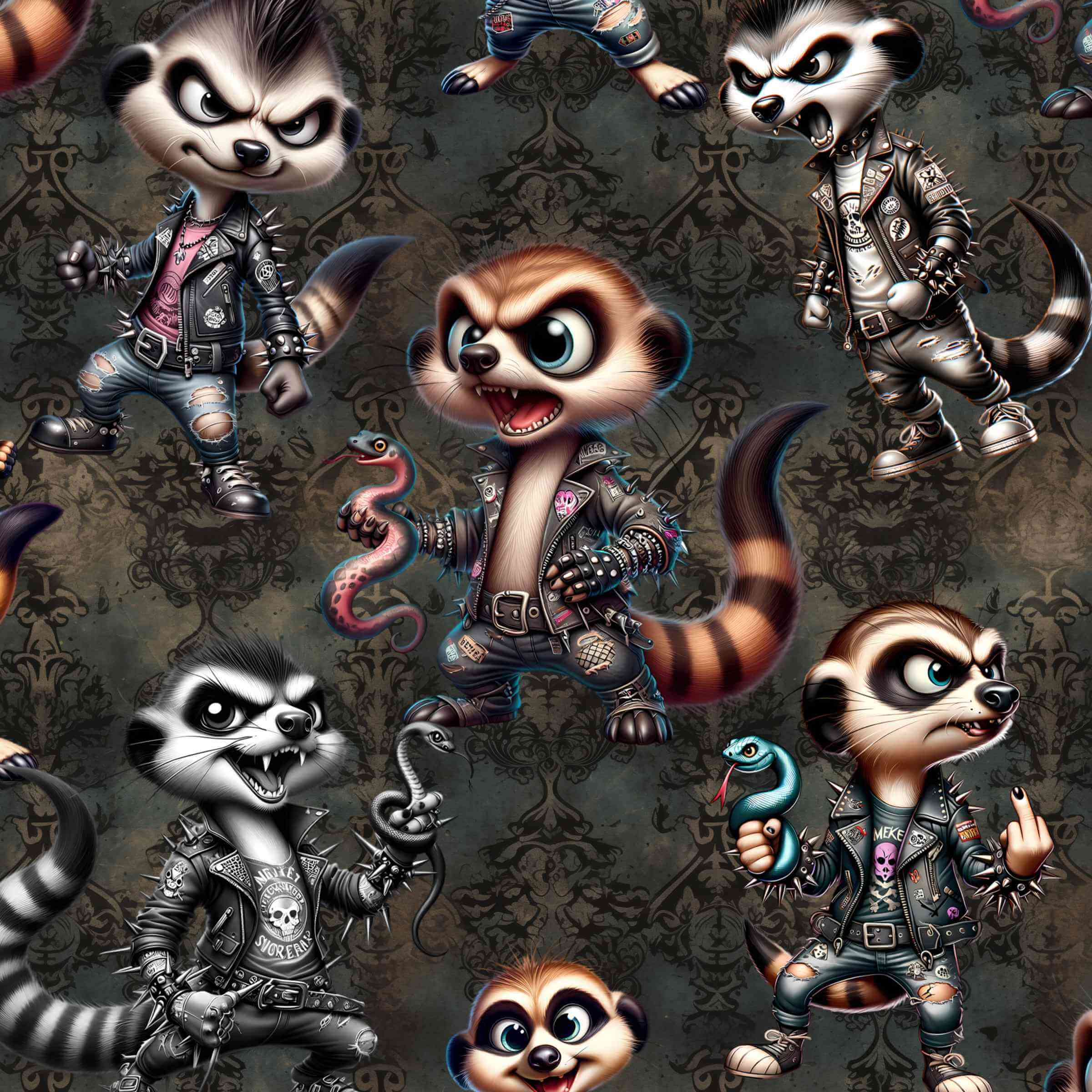 pattern featuring a pattern with cartoon-style meerkats in punk fashion, including skulls and mohawks, displayed alongside a side pocket with a phone.