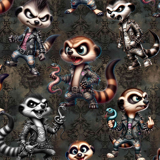 pattern featuring a pattern with cartoon-style meerkats in punk fashion, including skulls and mohawks, displayed alongside a side pocket with a phone.