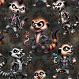 pattern featuring a pattern with cartoon-style meerkats in punk fashion, including skulls and mohawks, displayed alongside a side pocket with a phone.