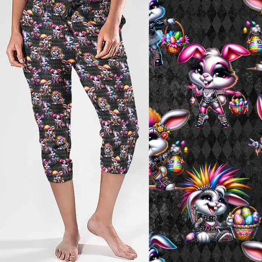 mock up of Rebel Rabbits capri joggers featuring gothic Easter rabbits