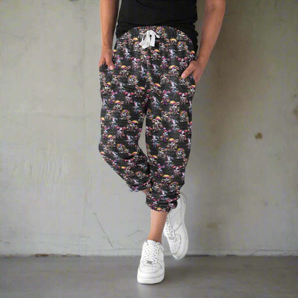 mockup of girl wearing of Rebel Rabbits capri joggers featuring gothic Easter rabbits