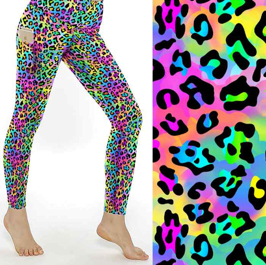 Women's bright rainbow leopard print leggings with colourful animal spots and deep side pockets.