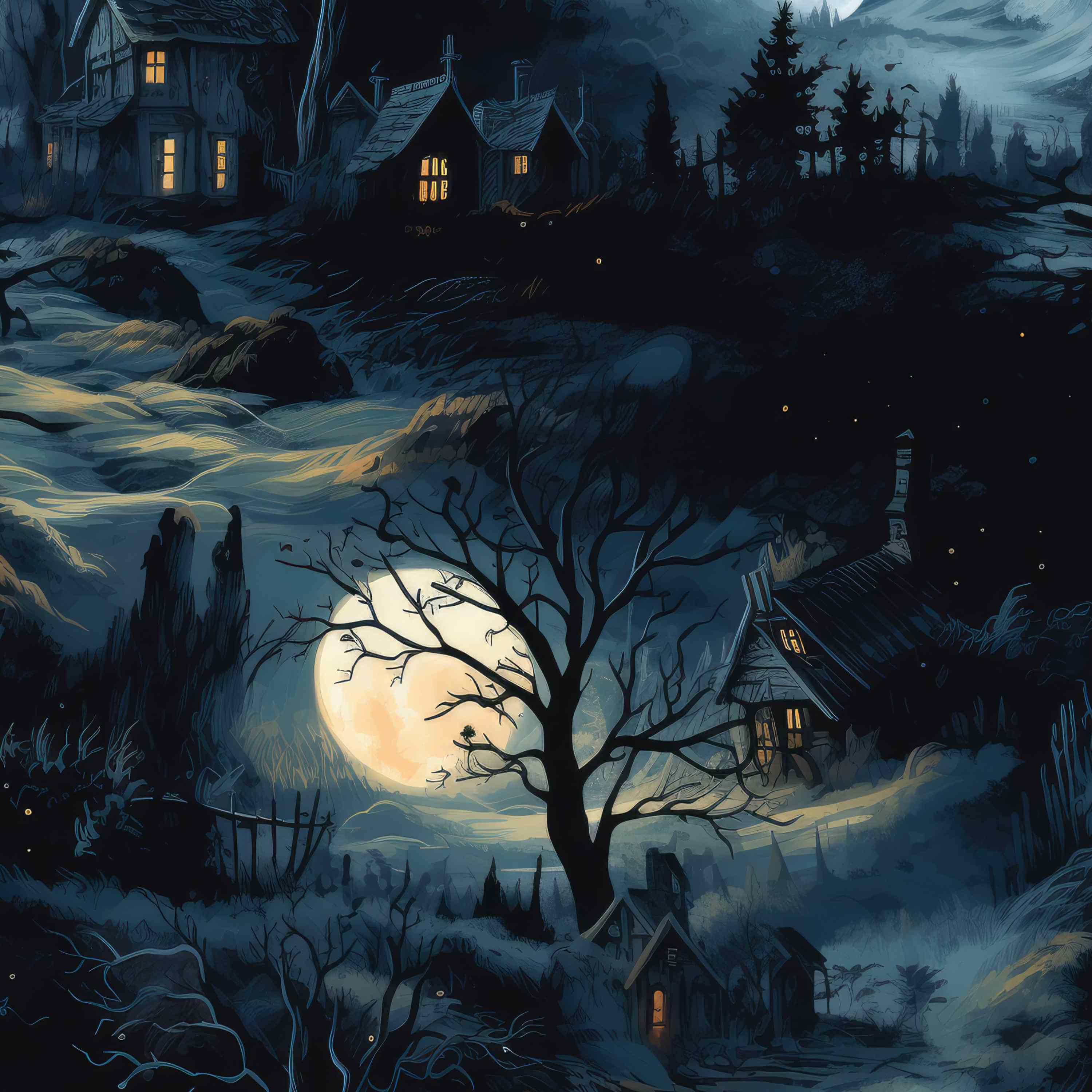 Mystical winter landscape pattern with moonlit houses and bare trees