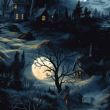 Mystical winter landscape pattern with moonlit houses and bare trees