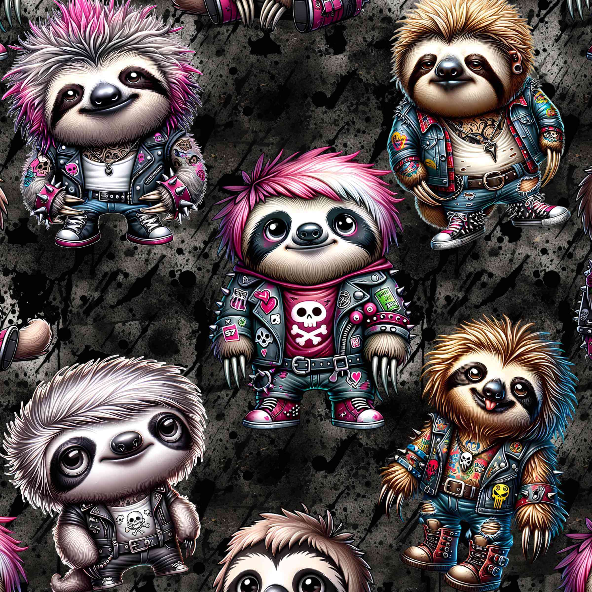 pattern of punk rock sloth leggings featuring cute punk sloths with pink hair, wearing punk skull clothing