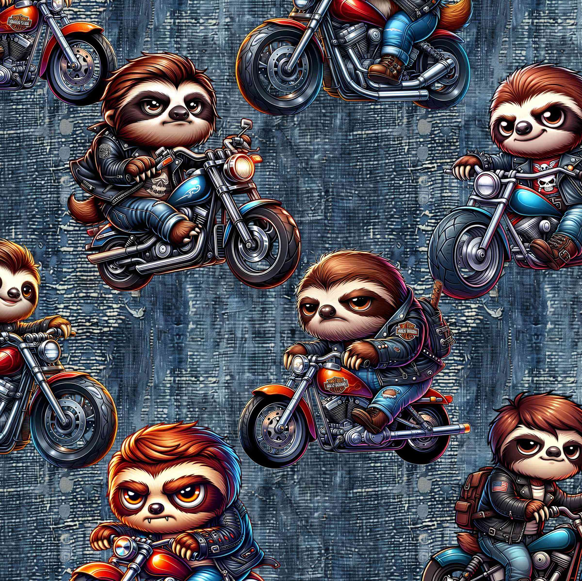 Illustrations of sloths riding motorcycles on a denim background