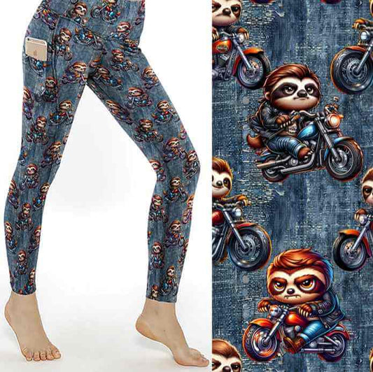 Denim leggings with sloth characters riding motorcycles on a blue denim pattern.
