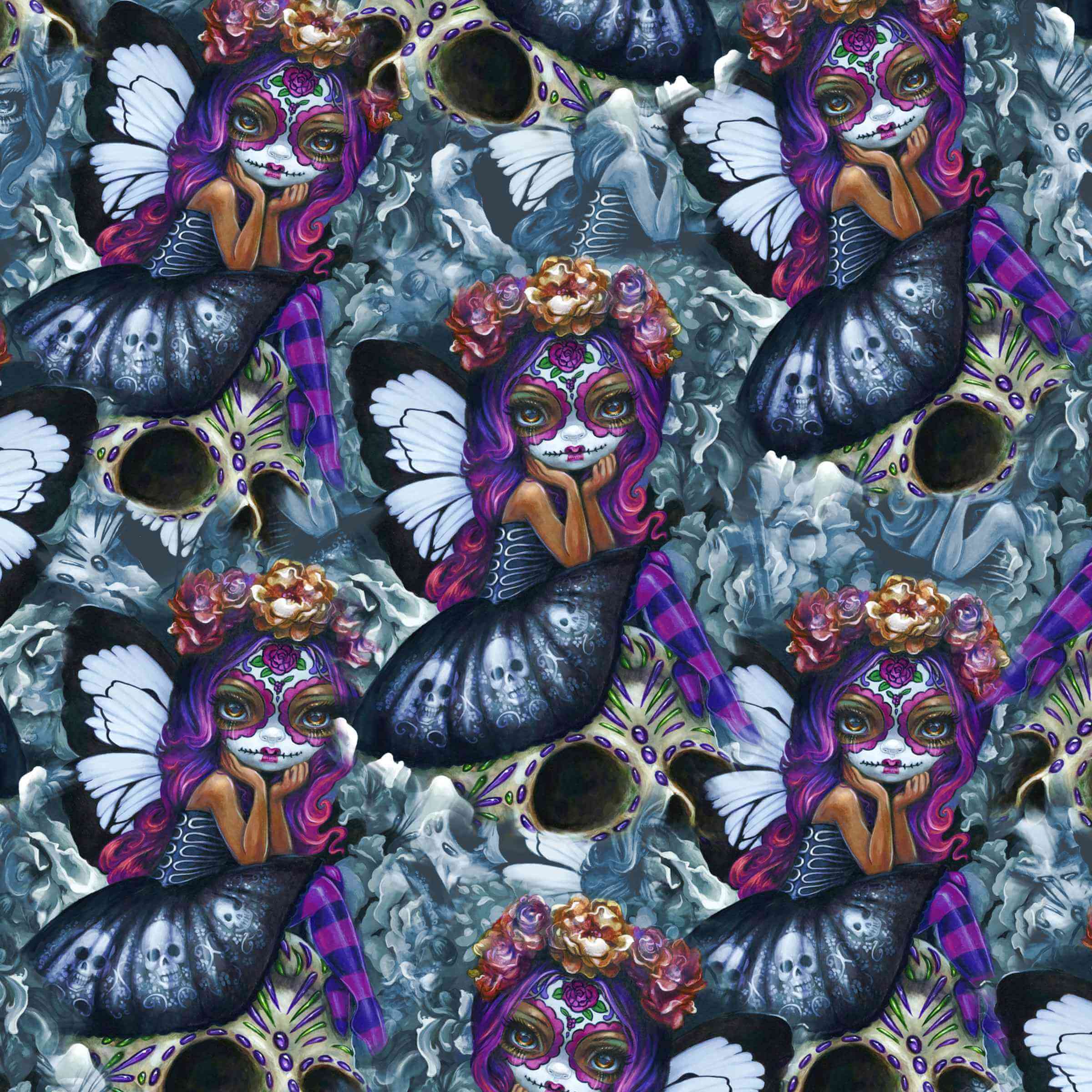 pattern pf whimsical fairy with day of the dead masks