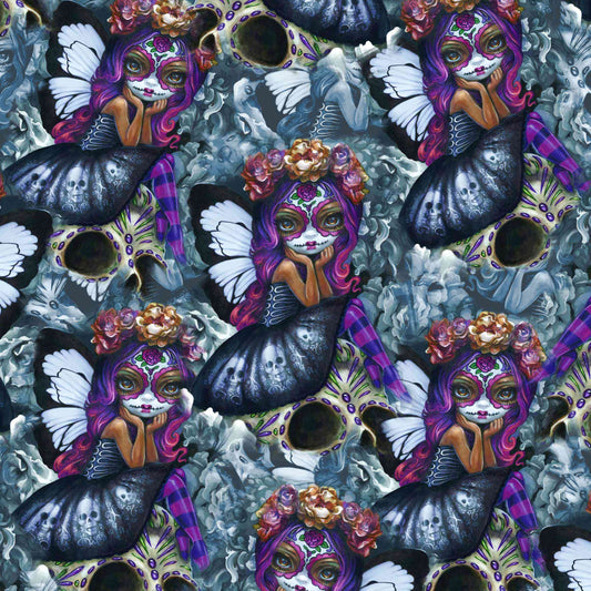 pattern pf whimsical fairy with day of the dead masks