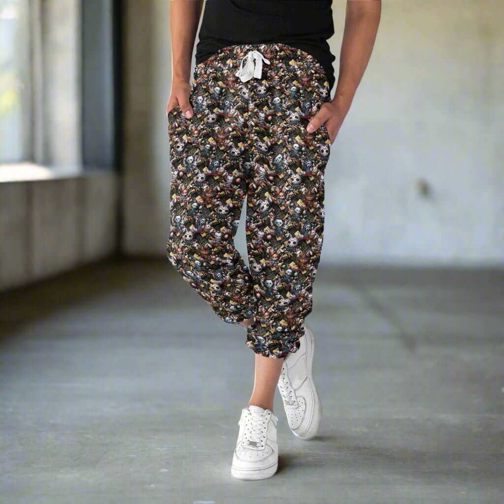 image of lady wearing capri jogger pants with horror bunnies