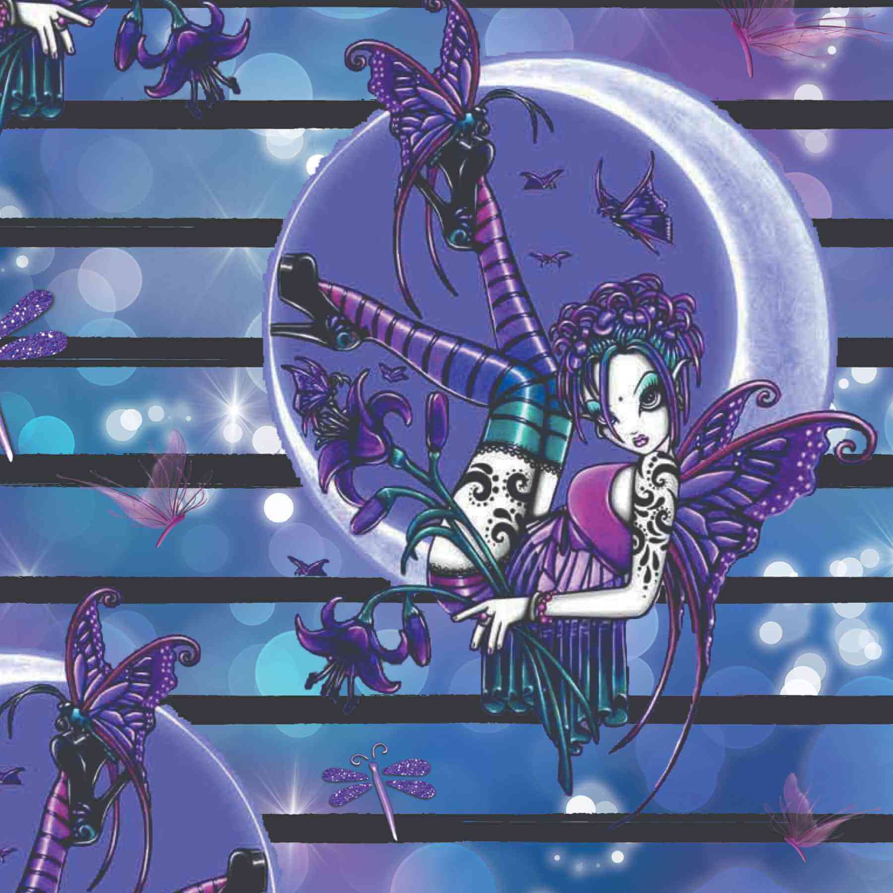 Fantasy character with butterfly wings on a striped background