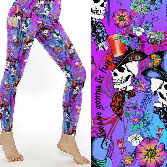 Colorful leggings with skull and floral pattern on a white background
