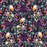 Pattern of colorful skulls and flowers on a purple background