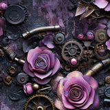 Steampunk-themed collage with gears, springs, and purple flowers on a dark background