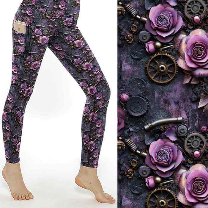 The Skeleton Key Steampunk Leggings featuring purple roses, antique gears, cogs, clockwork elements and vintage steampunk-inspired artwork with pockets.