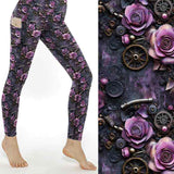 The Skeleton Key Steampunk Leggings featuring purple roses, antique gears, cogs, clockwork elements and vintage steampunk-inspired artwork with pockets.