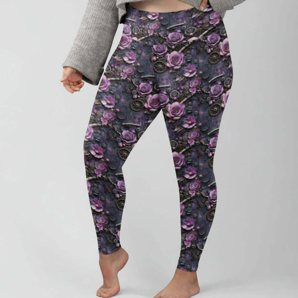 Leggings with a floral steampunk pattern on a dark grey-purple background