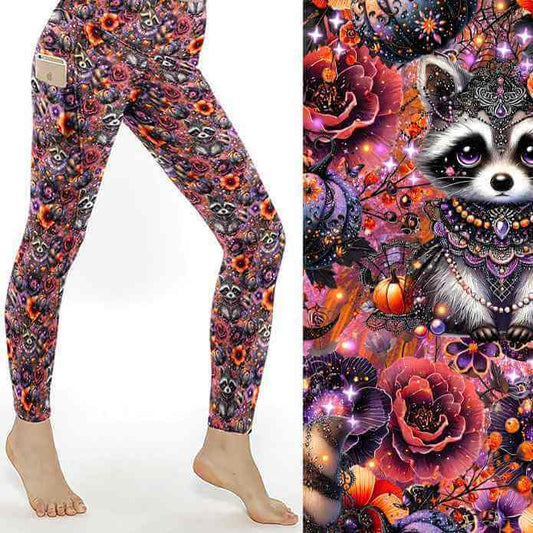 Cute raccoon pattern with gothic jewellery, pumpkins and floral elements in purple and orange tones