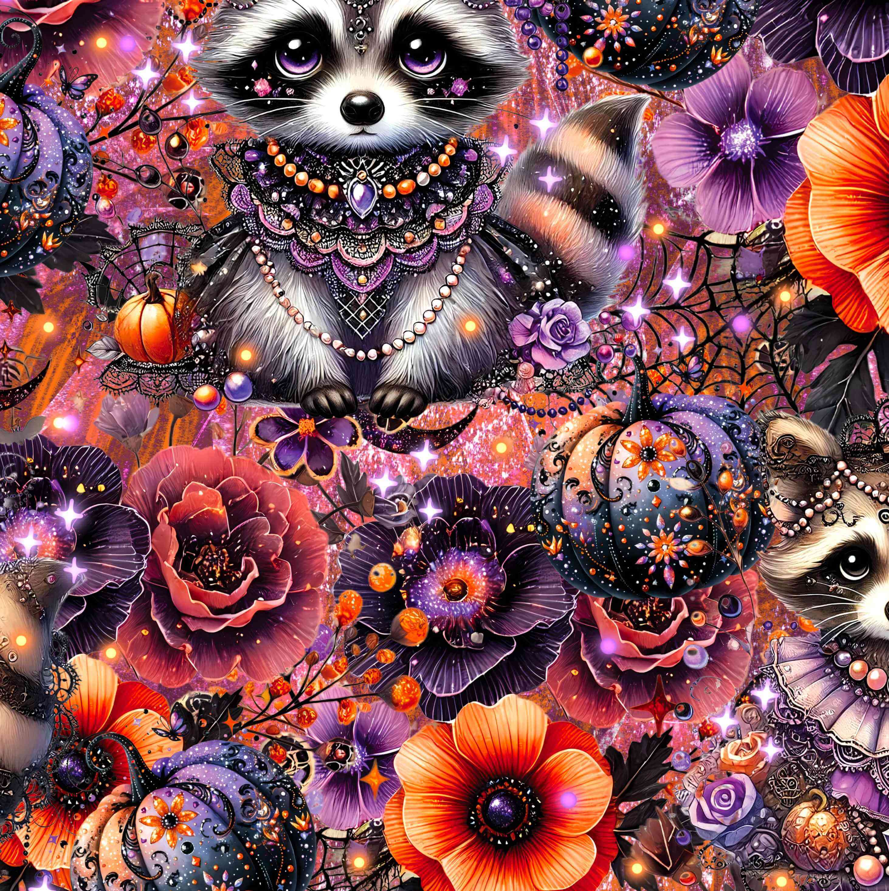 Colorful illustration of raccoons and flowers with Halloween elements.