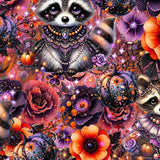 Colorful illustration of raccoons and flowers with Halloween elements.