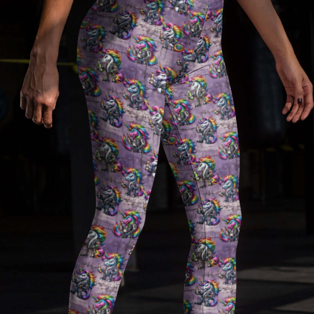 girl wearing leggings with angry goth unicorns, drinking beer and wearing punk rock leather jackets, with rainbow mane, horn and tail.